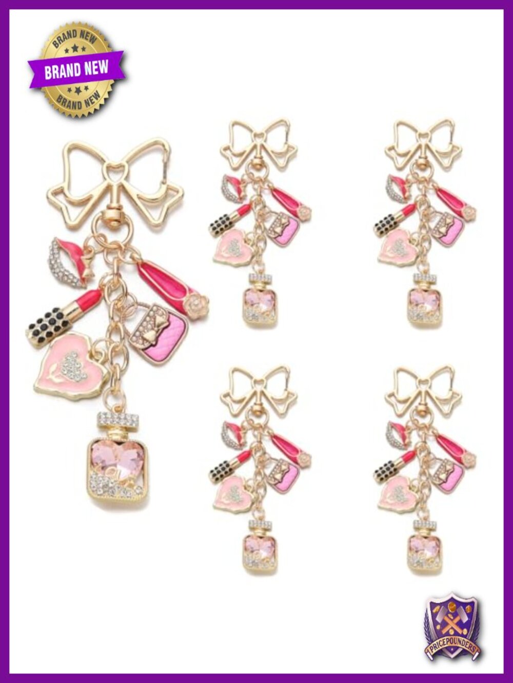 5PC Gold Bow Keychain Set with Lipstick Handbag Heel Heart Perfume Rhinestone